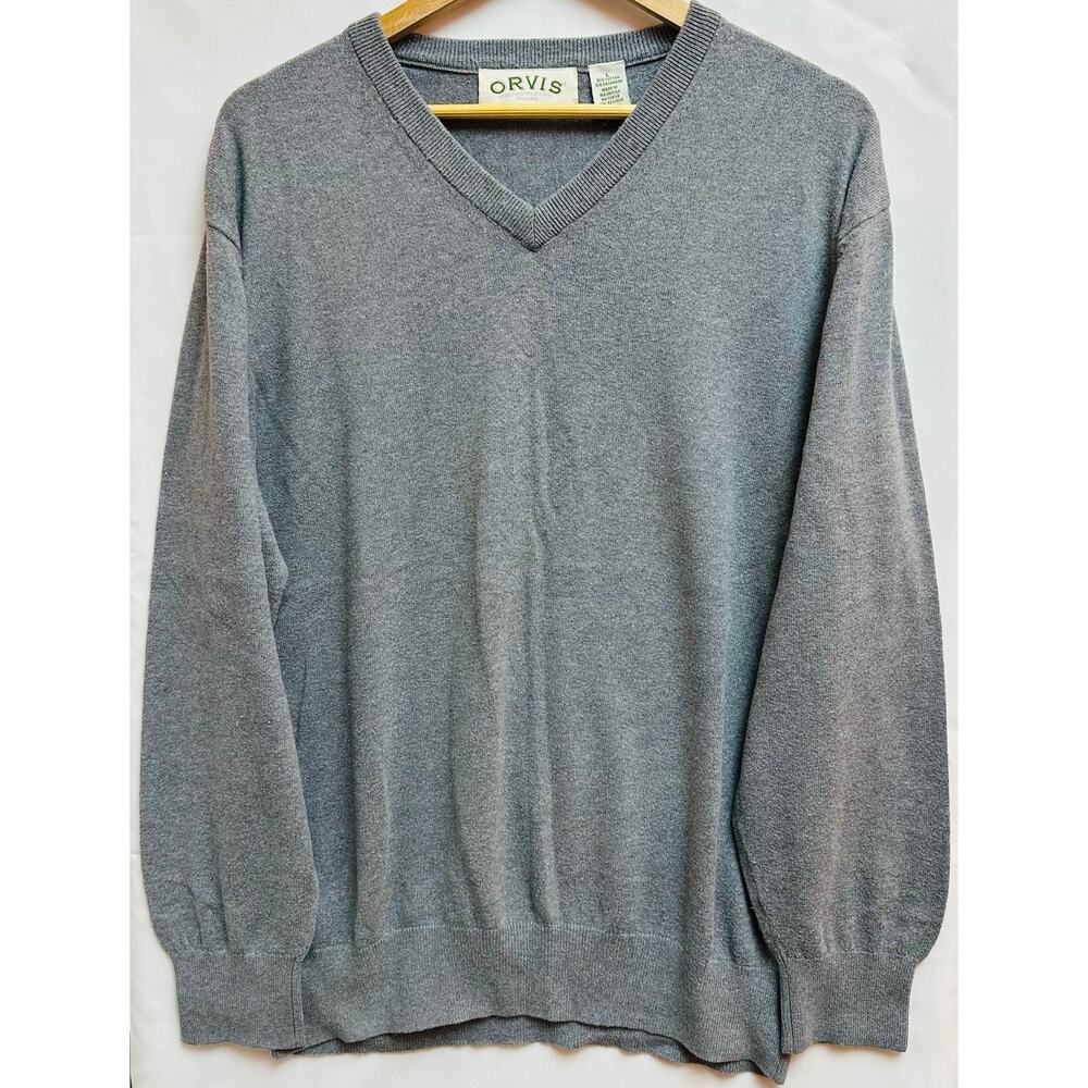 Orvis Men's V Neck Sweater Large L Gray Long Sleeve Cashmere Cotton Blend